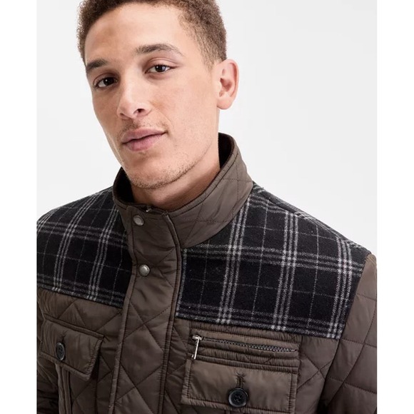 NEW! Cole Haan Quilted Mixed Media Field Jacket Elbow Patch Olive Green SZ L - Picture 3 of 14